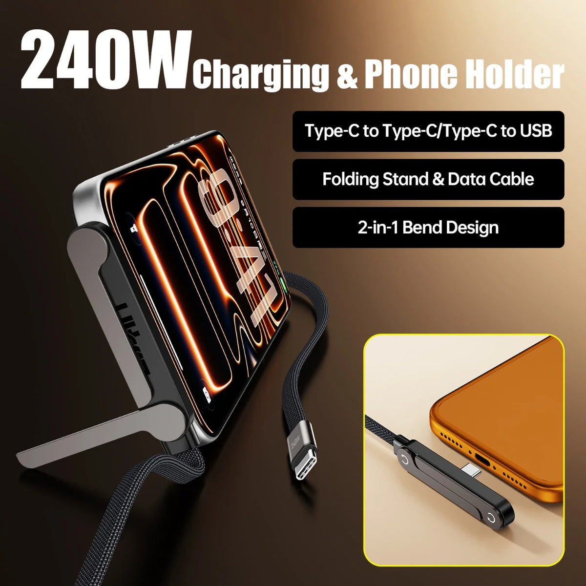 240W PD Fast Charging Type C to Type C Cable USB C to Type C Cable with Foldable Stand Phone Holder