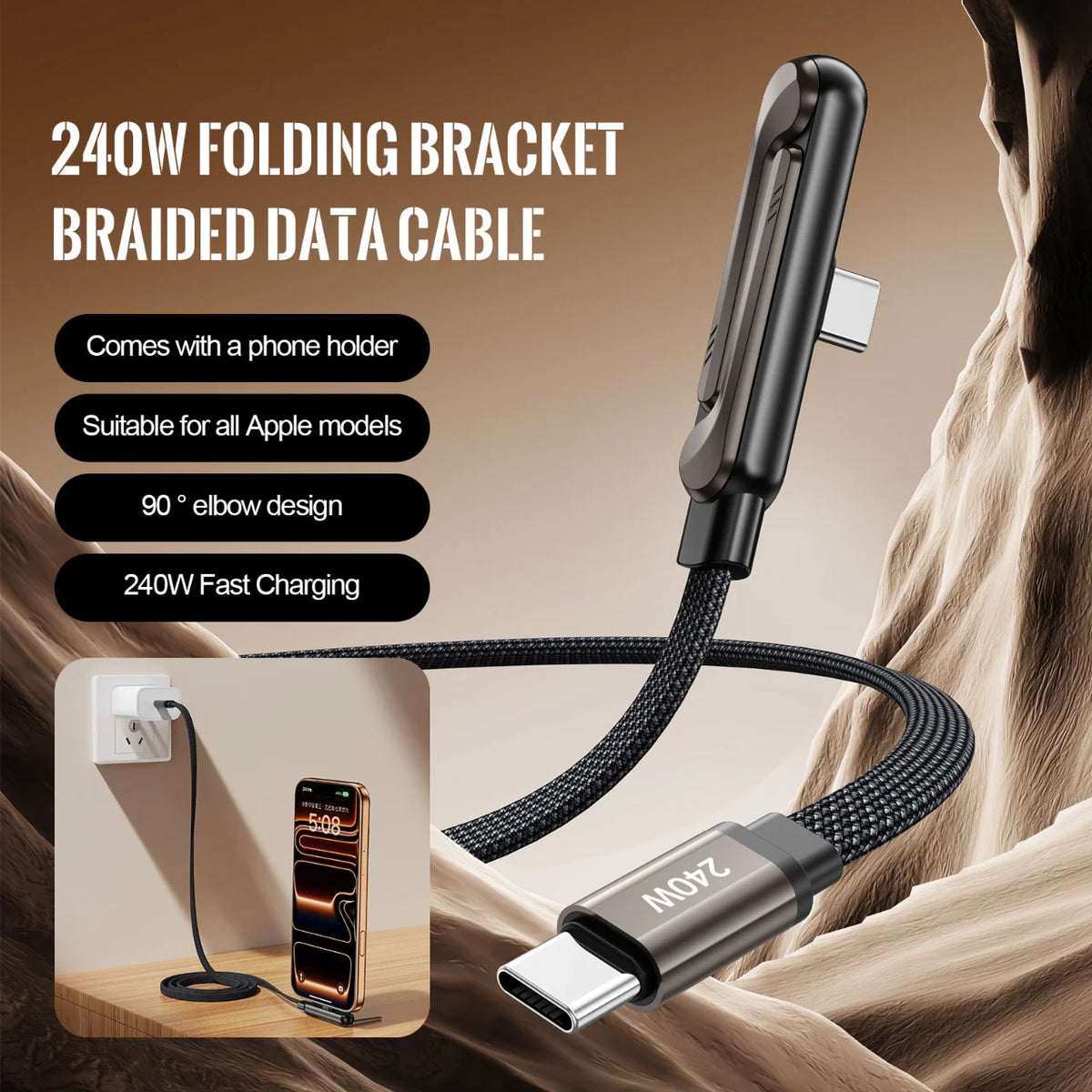 240W PD Fast Charging Type C to Type C Cable USB C to Type C Cable with Foldable Stand Phone Holder